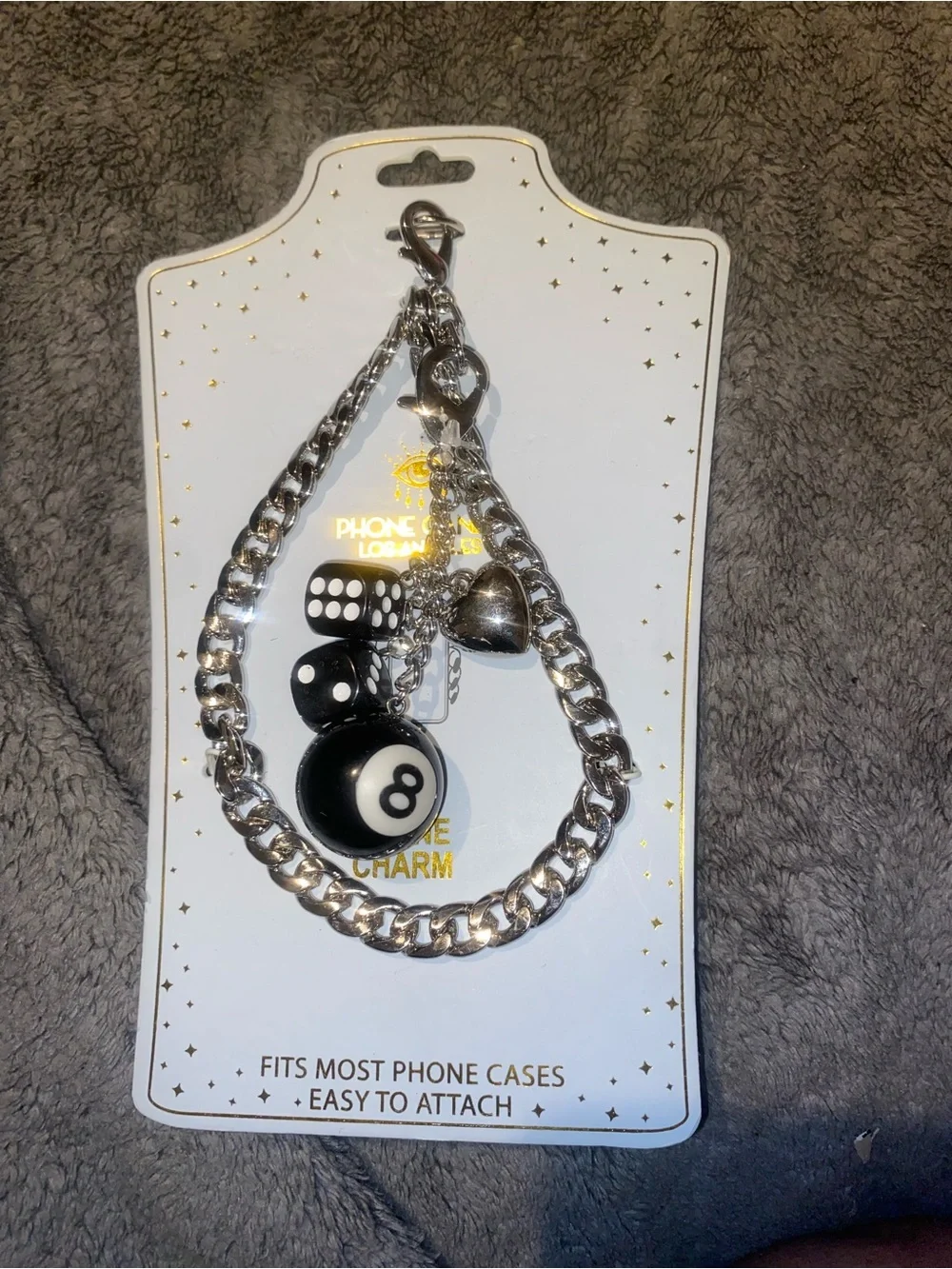 Eye Candy Silver and Black 8-Ball Phone Charm Chain - Fits Most Cases